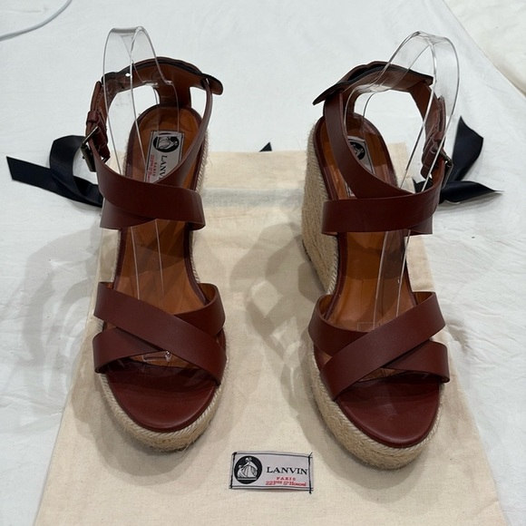 Lanvin Espadrille Crisscross Sandals Wedge Platform Brown Used Once - Picture 11 of 14